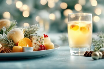 Delicious holiday snacks and refreshing beverage on a festive table surrounded by twinkling lights