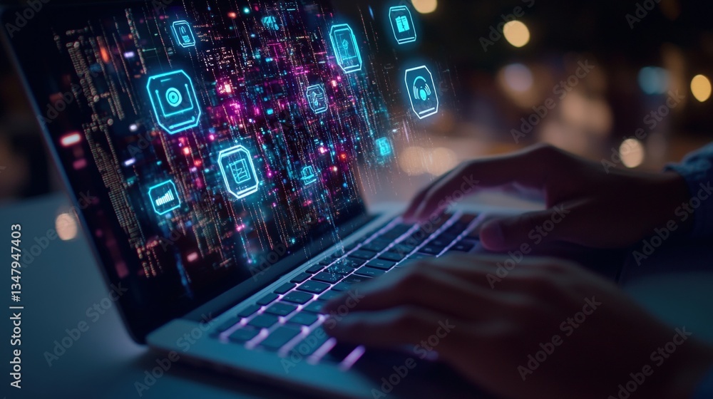 Poster close-up hands typing on laptop at night with vibrant holographic display showcasing interconnected 