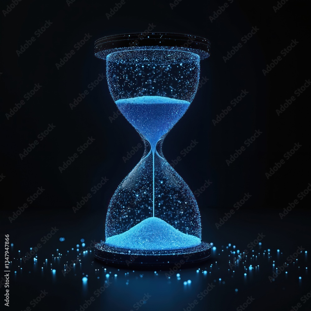 Poster hourglass made of blue digital particles on black backdrop. clock shows countdown time flow. tech de
