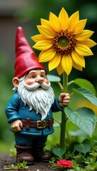 Obraz premium Garden gnome standing next to tall sunflower with bright yellow petals and dark green leaves, gnomes, blossoms,