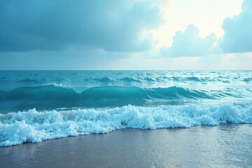 Obraz premium Gentle blue hue of misty ocean waves near the shore, ocean, coastal, sea