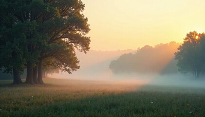 Fototapeta premium Gentle foggy morning landscape with blurred trees and soft warm light, morning, soft light, calm atmosphere