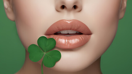 Woman with glossy lips and a clover leaf highlighting beauty and freshness in a vibrant green setting Generative AI
