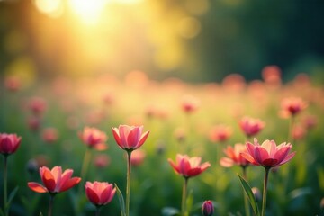 Naklejka premium Gentle Morning Light Illuminates a Blurred Floral Landscape, serene, morning, landscape