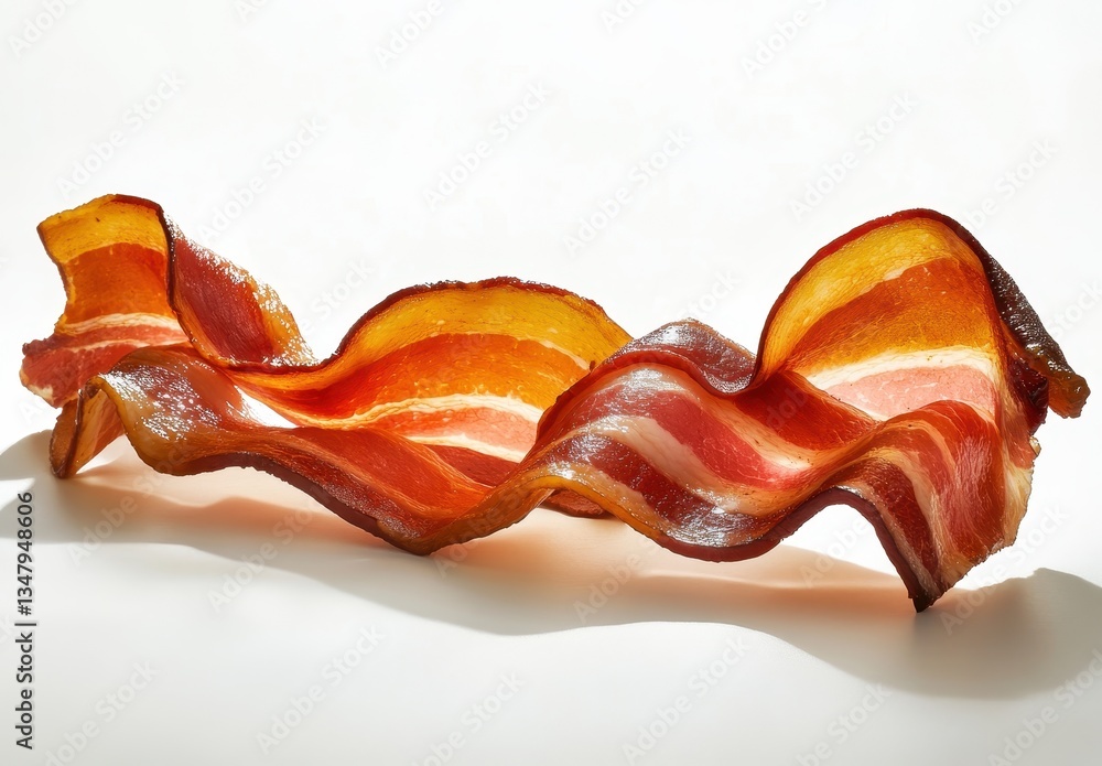 Poster crispy bacon strips curved on a white background highlighting texture and color variations for culin