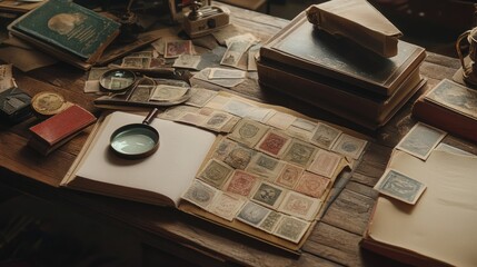 Antique Postage Stamp Collection on Wooden Desk