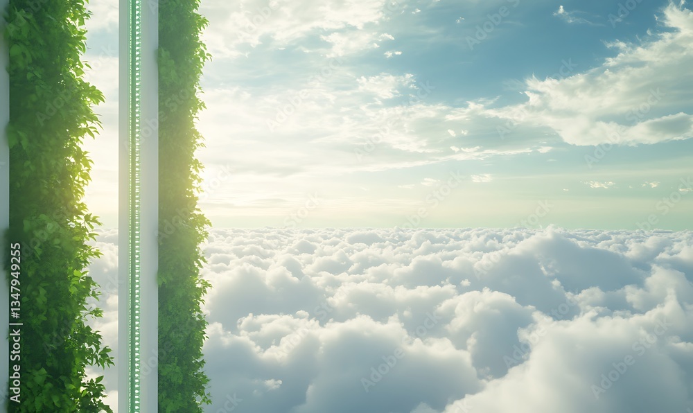 Poster A serene view of clouds and sky, framed by lush greenery, suggesting a harmonious blend of nature and architecture.