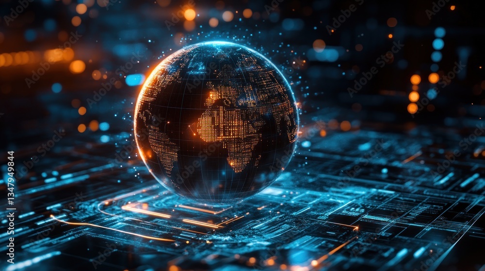 Poster a glowing 3d sphere representing global ai connectivity.
