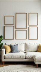 Fototapeta premium Empty photo frames in various sizes and styles on a modern living room wall, neutral colors, gallery wall, art installation
