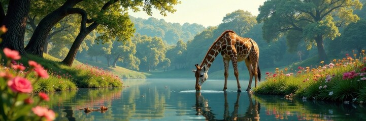 Obraz premium Giraffe drinking from a serene lake surrounded by tall trees and colorful flowers, Watercolor, Giraffe, Lake