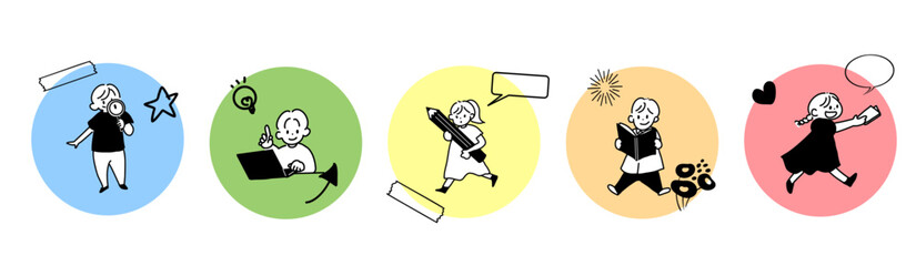 カラフルで手描き風の子ども学習イラスト　ポップな教育素材