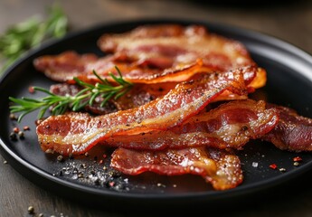 Crispy Cooked Bacon Strips Garnished with Fresh Rosemary on a Black Plate Surrounded by Colorful Spices and Seasonings in a Rustic Kitchen Setting