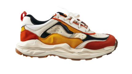 Colorful sneaker isolated on transparent background, side view of modern sports shoe