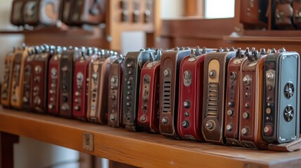 A row of vintage harmonicas arranged neatly on a wooden surface.