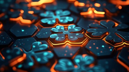Abstract glowing four leaf clover pattern on hexagonal grid