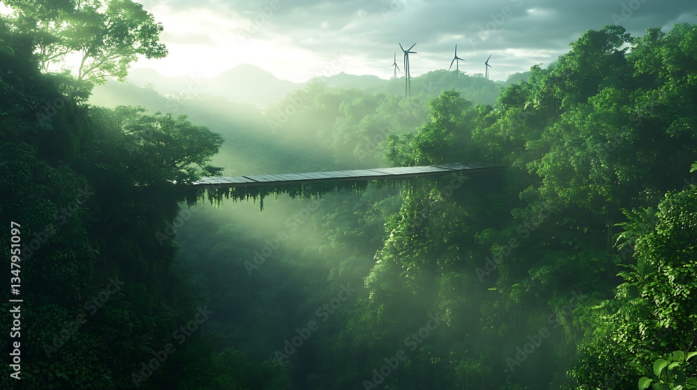 Poster a serene landscape with a bridge suspended between lush, green cliffs, surrounded by mist and wind t