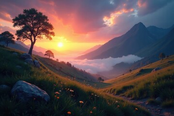 Faint luminescence envelops a serene landscape, evening, nature