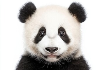 Fototapeta premium Adorable Young Panda Face with Expressive Eyes on White Background