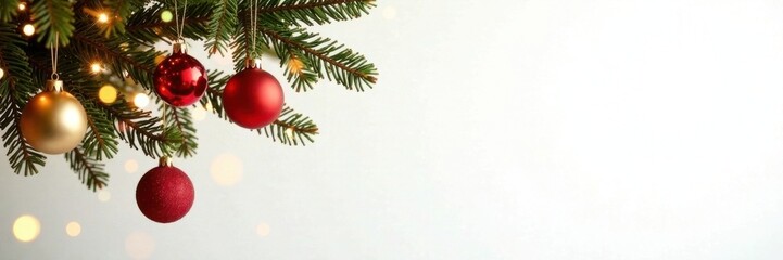 Golden Christmas tree branches with ornaments hanging in air isolated on white background , winter, gold, tree