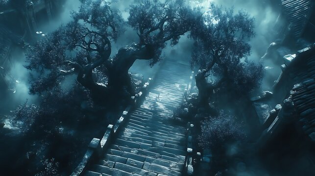 Stone Steps Wind Through Foggy Ancient Village