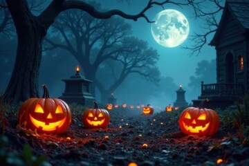 Flickering jack-o-lanterns on a dark and misty graveyard , spooky trees, dim lighting
