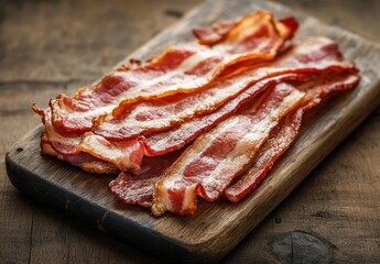 Obraz premium Crispy Fried Bacon Strips on a Wooden Cutting Board Ready for Breakfast or Culinary Use in Various Dishes with a Rustic Background