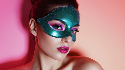 Colorful masquerade mask worn by a model against a vibrant backdrop in an artistic photography session Generative AI