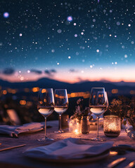 romantic sunset dinner table with wine glasses under a starry sky