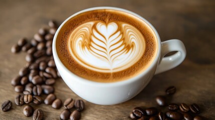 Fototapeta premium A steaming cup of cappuccino with beautiful foam art placed on a wooden table, surrounded by coffee beans.