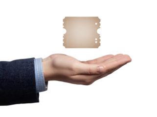 A male hand in a dark suit presenting a blank card, set against a white background, symbolizing opportunity and potential in business.