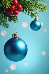 Hanging blue glass ornaments with red berries and greenery on a Christmas tree branch , holly, holiday, berries