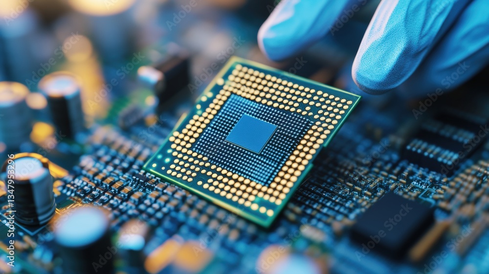 Poster close-up of a gloved hand carefully placing a microprocessor onto a circuit board showcasing intrica