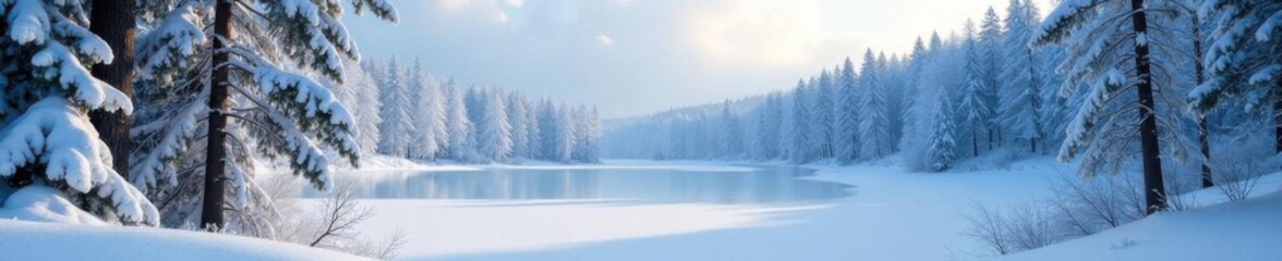 Frosty forest scene with snow-covered trees and frozen lake, winter,  forest,  peaceful