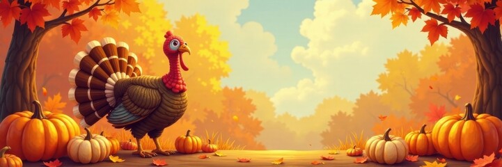 Happy Thanksgiving scene with cartoon turkey surrounded by golden autumn leaves and colorful pumpkins, leaves, thanksgiving, fall colors