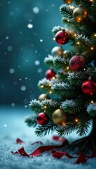 Frosty snowflakes fall gently around a green Christmas tree with ornaments and lights , winter wonderland, frosty