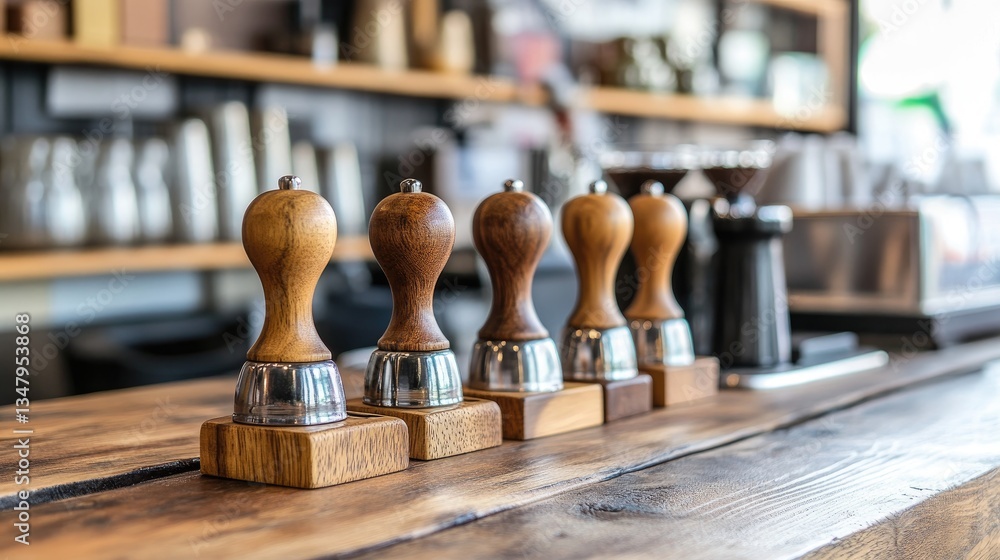 Poster a stylish modern barista setup with a row of polished tamper tools and an espresso station.