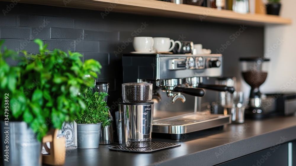Poster a stylish modern barista setup with a row of polished tamper tools and an espresso station.