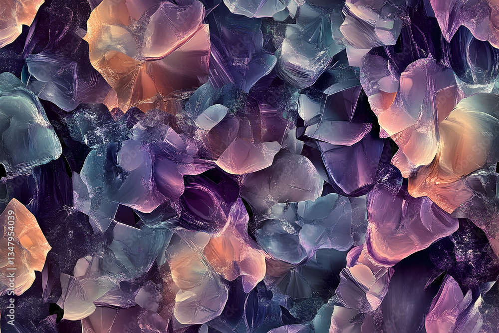 Poster abstract crystalline structures in purple and peach tones creating depth