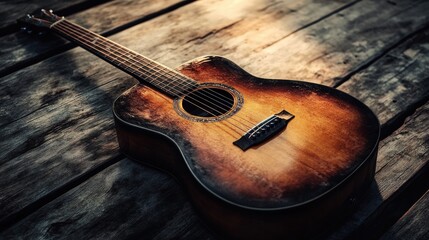 Obraz premium A sunburst-finish acoustic guitar placed on a rustic wooden table with soft natural light.