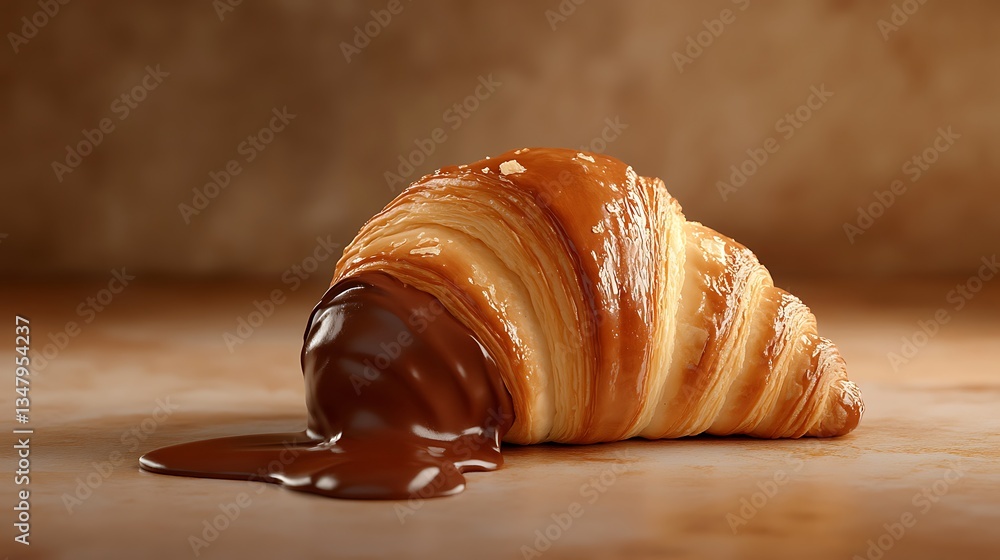 Poster a golden croissant filled with melted chocolate, placed on the right with a soft blurred background 