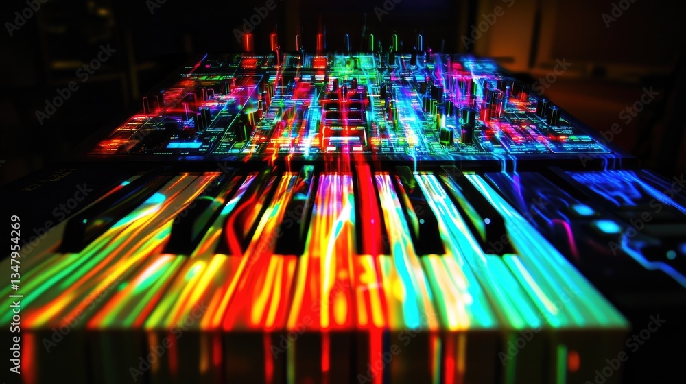 Poster a synthesizer keyboard with an abstract light pattern projected on it, creating a futuristic feel.