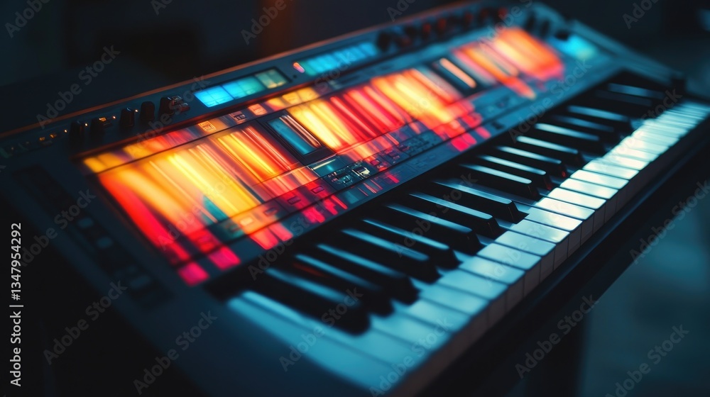 Poster a synthesizer keyboard with an abstract light pattern projected on it, creating a futuristic feel.
