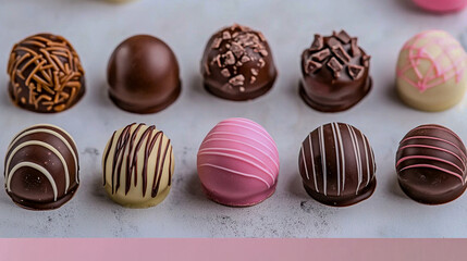 Fototapeta premium An assortment of decadent chocolate truffles, showcasing various coatings and flavors, elegantly arranged on a light surface.