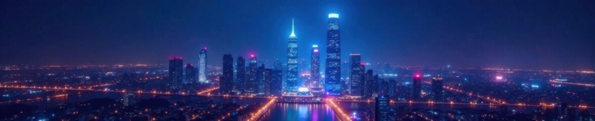 Obraz premium Futuristic skyscraper with neon lights in network city at night, network city, neon lights