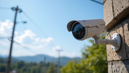 Outdoor Security Camera Mounted on Brick Wall Clear Daytime Surveillance System