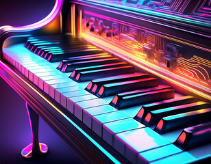 electric piano keys in neon light