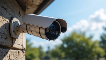 Modern Security CCTV Camera Installed on Exterior Brick Wall Outdoors Sunny Day