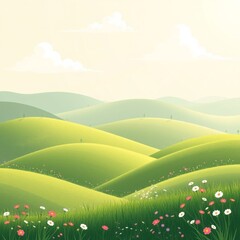 Obraz premium Lush green hills adorned with colorful wildflowers under a soft cloudy sky