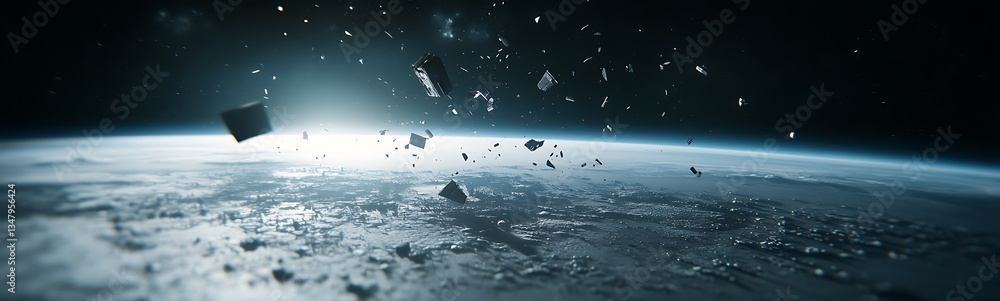 Poster a dramatic view of earth surrounded by space debris, highlighting the issue of orbital pollution.