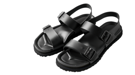 Pair of black leather sandals isolated on transparent background